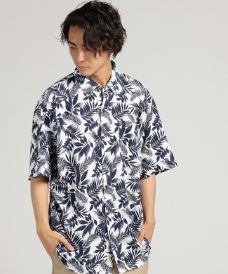 Natural Story フレンチリネンパナマ総柄シャツ メンズ ネイビー