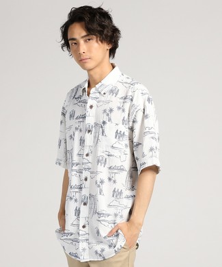 Natural Story フレンチリネンパナマ総柄シャツ メンズ ホワイト