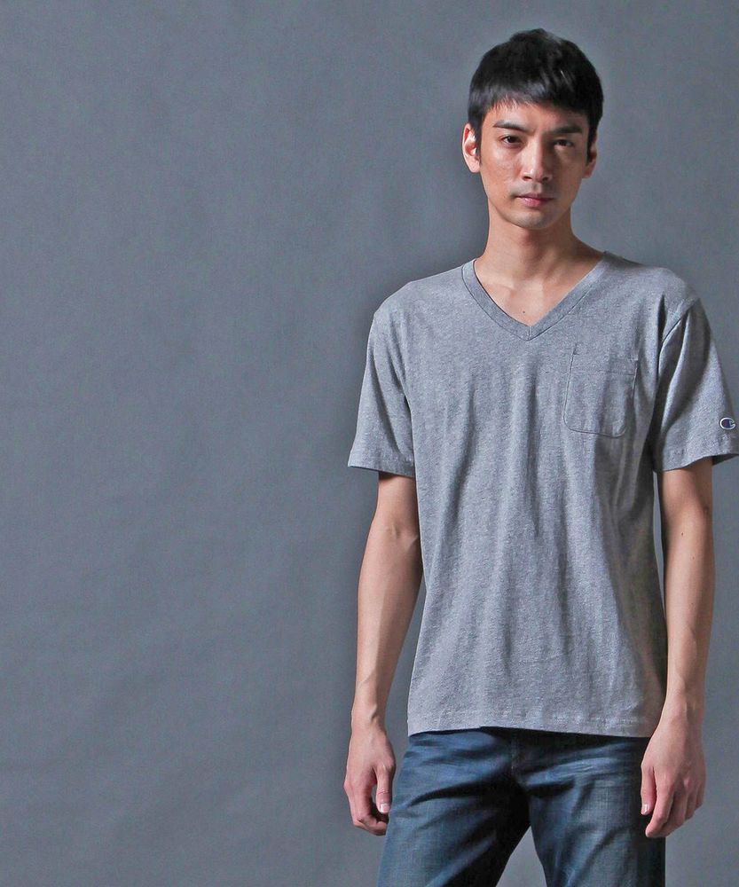Champion VネックTシャツ メンズ グレー