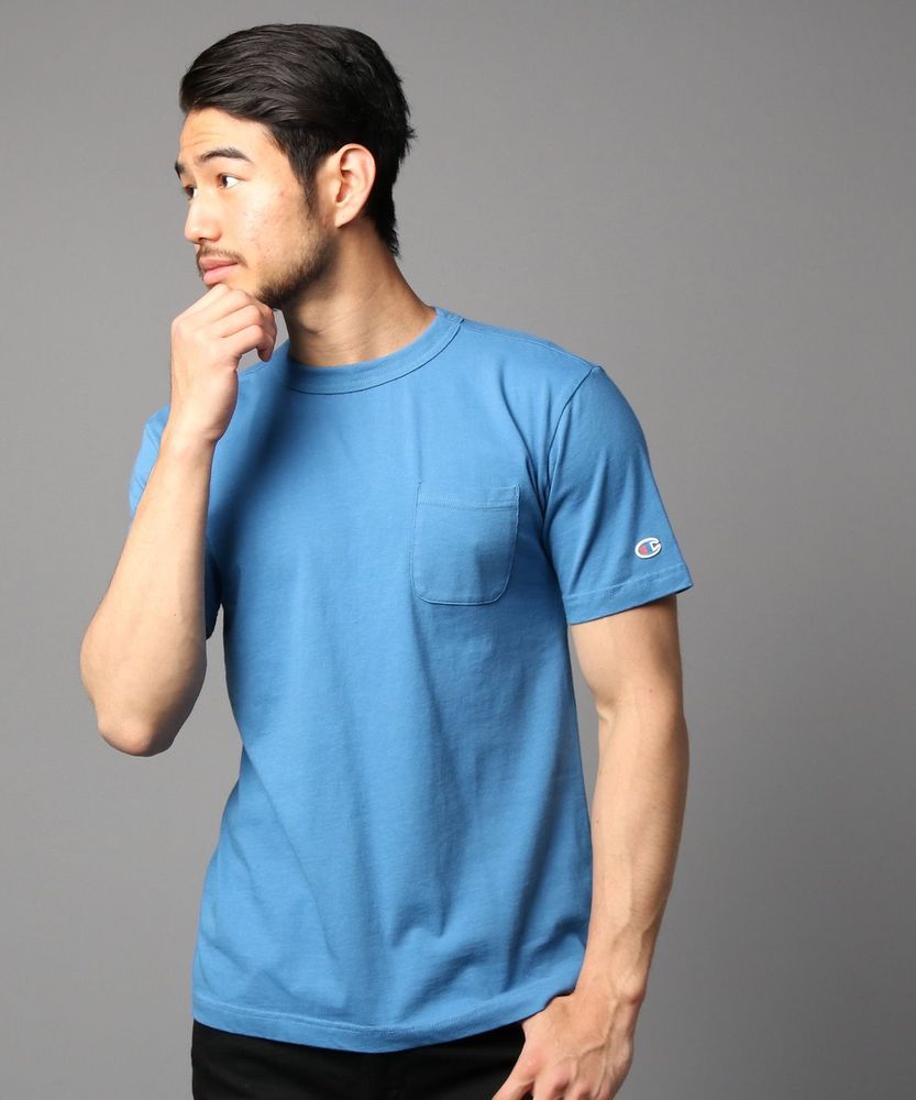 Champion ポケット付クルーネックTシャツ メンズ ブルー