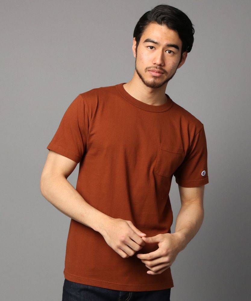 Champion ポケット付クルーネックTシャツ メンズ ブラウン