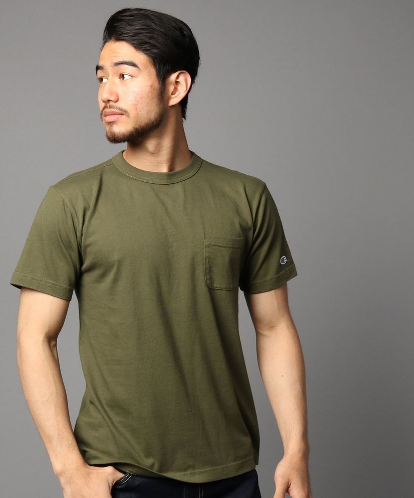 Champion ポケット付クルーネックTシャツ メンズ グリーン