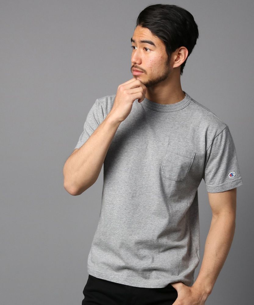 Champion ポケット付クルーネックTシャツ メンズ グレー