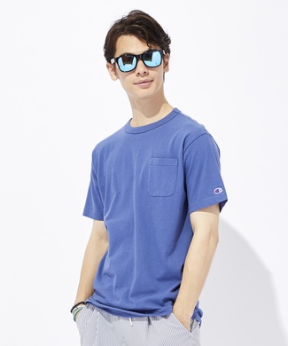 Champion ポケット付クルーネックTシャツ メンズ ブルー