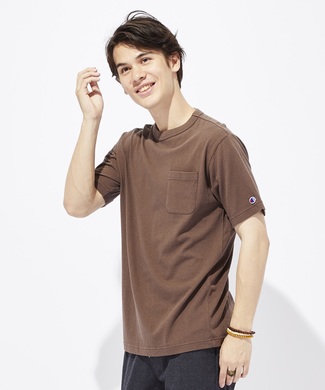 Champion ポケット付クルーネックTシャツ メンズ ダークブラウン