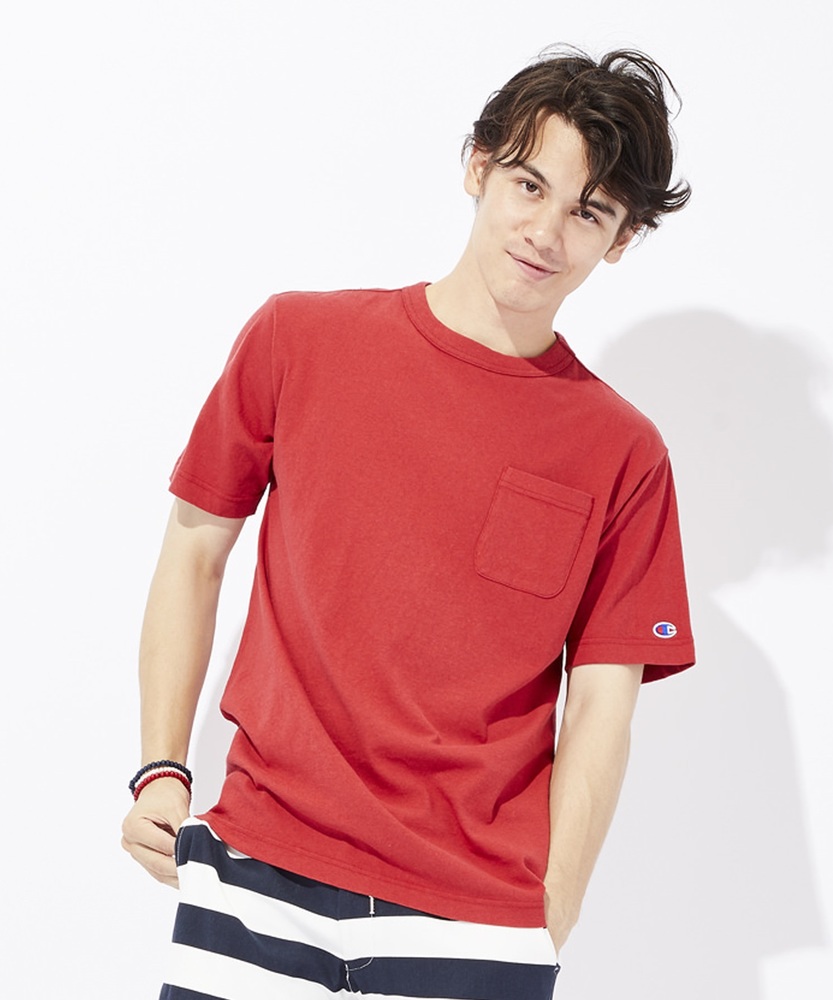 Champion ポケット付クルーネックTシャツ メンズ レッド