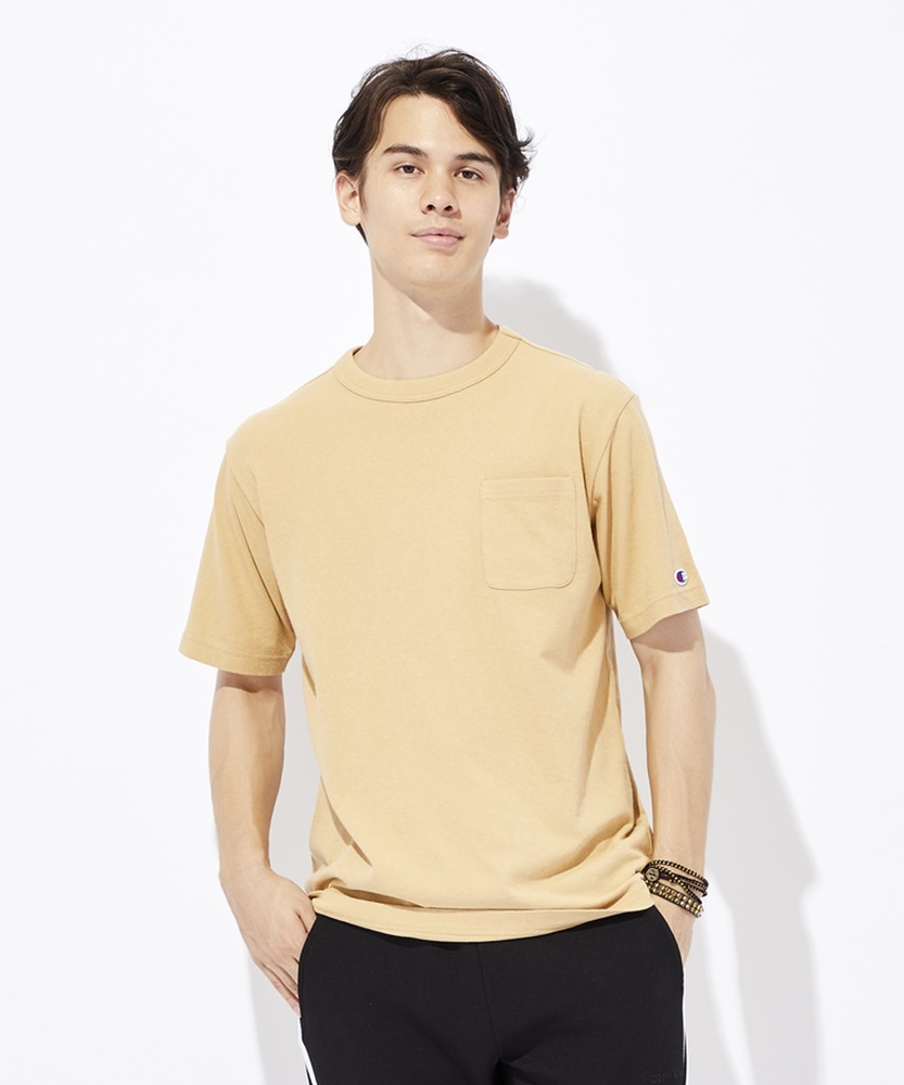 Champion ポケット付クルーネックTシャツ メンズ ベージュ