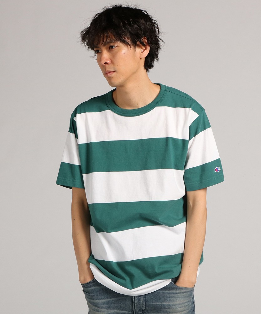 Champion 太ボーダークルーネックTシャツ メンズ グリーン