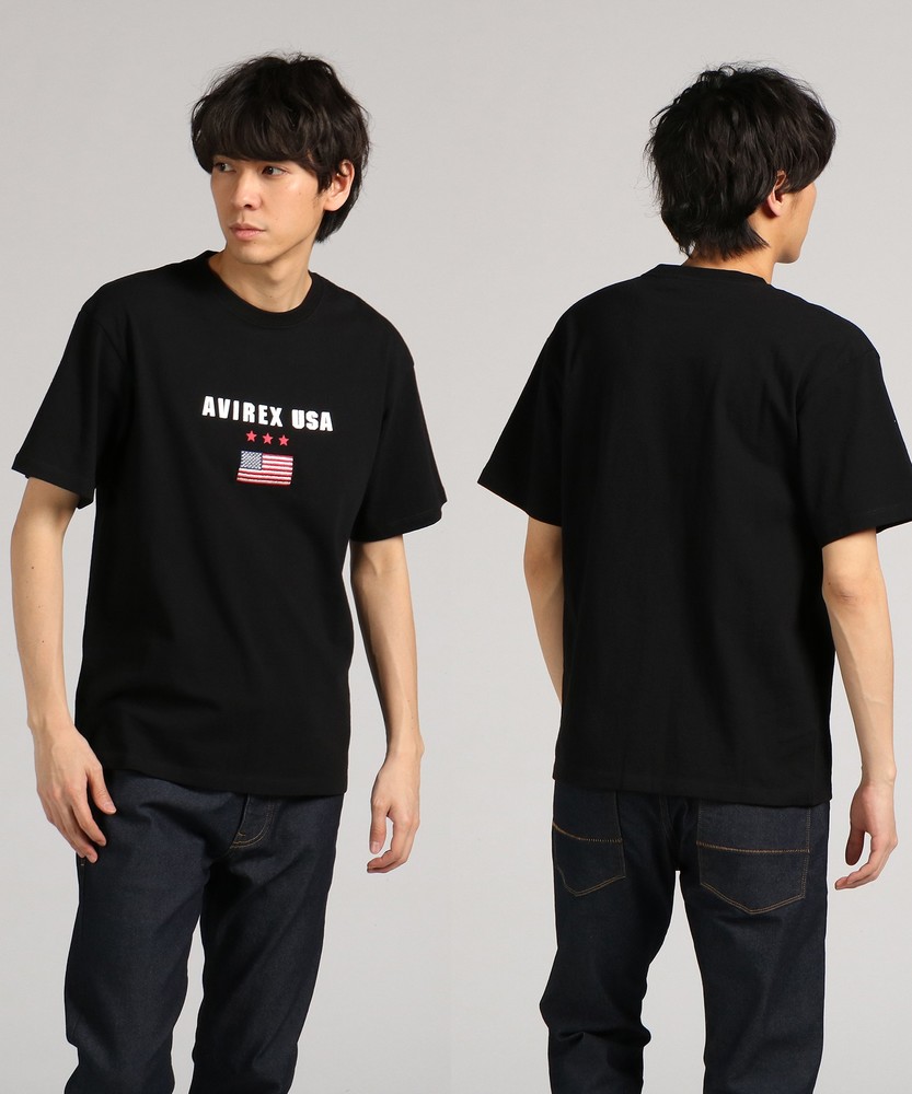 AVIREX デザインプリント半袖Tシャツ メンズ ブラック