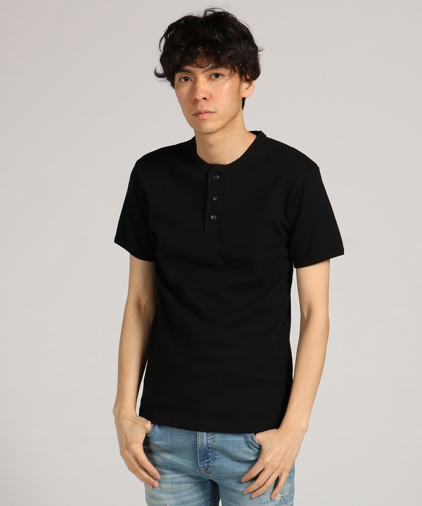 AVIREX テレコヘンリーネック半袖Tシャツ メンズ ブラック