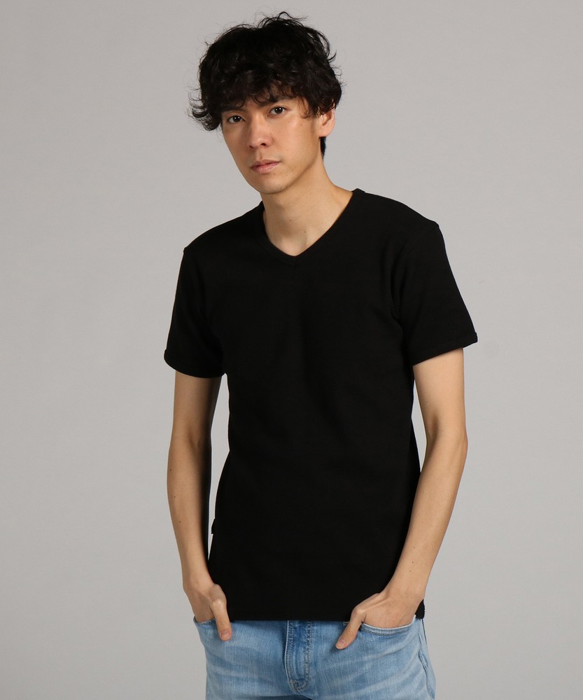 AVIREX ミニワッフルVネック半袖Tシャツ メンズ ブラック