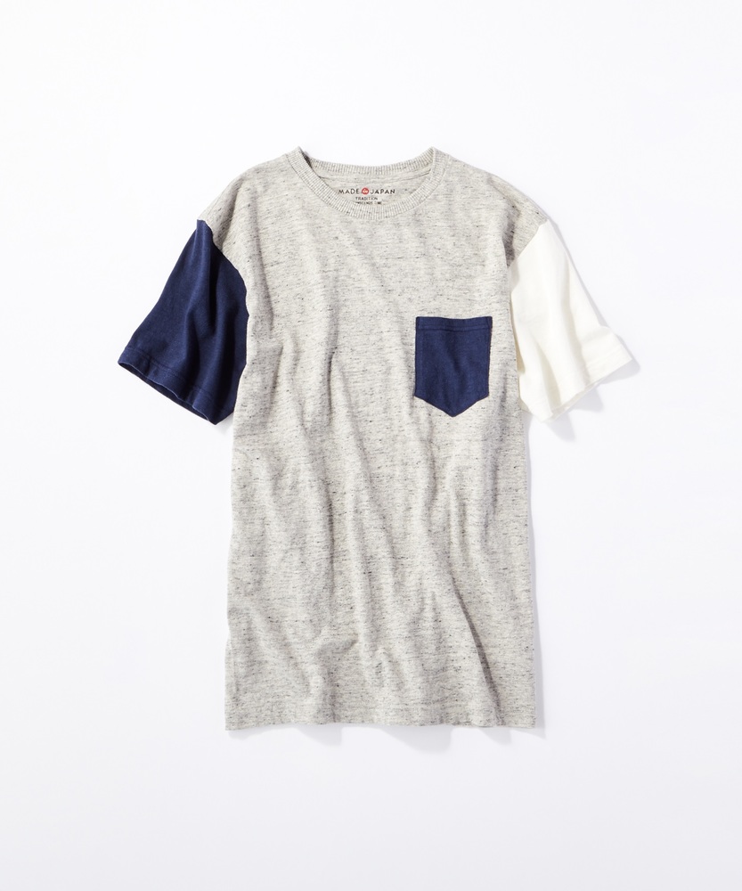 BACK NUMBER 【WEB限定】日本製岐阜ガラガラ糸綿麻クレイジーパターンポケット付き半袖Tシャツ オフホワイト*グレー