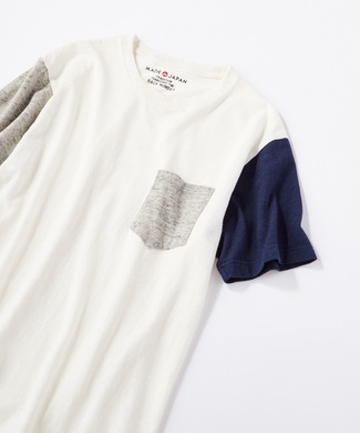 BACK NUMBER 【WEB限定】日本製岐阜ガラガラ糸綿麻クレイジーパターンポケット付き半袖Tシャツ グレー*オフホワイト