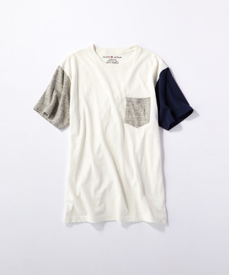 BACK NUMBER 【WEB限定価格】日本製岐阜ガラガラ糸綿麻クレイジーパターンポケット付き半袖Tシャツ グレー*オフホワイト