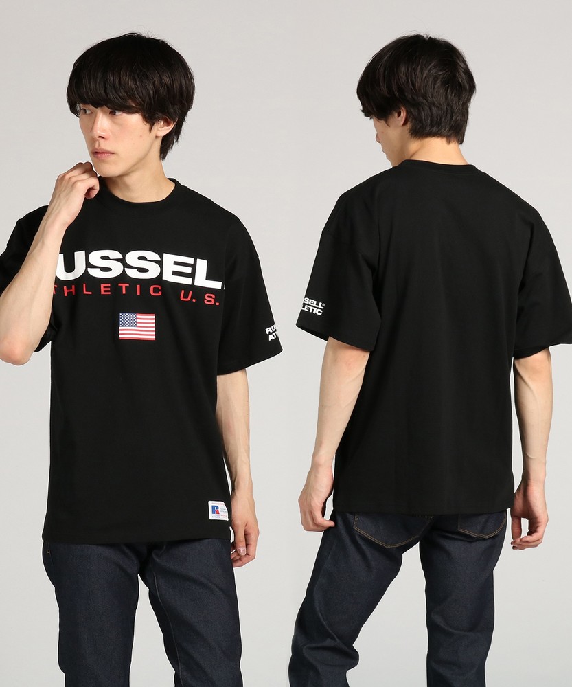 RUSSELL ドロップショルダープリントTシャツ メンズ ブラック