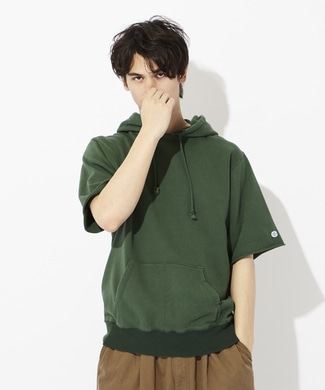 Champion 「ロチェスター」カットオフ半袖パーカー メンズ ダークグリーン