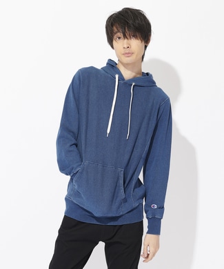 Champion 【WEB限定】「REVERSE WEAVE」インディゴプルオーバーフードスウエット メンズ 中濃色