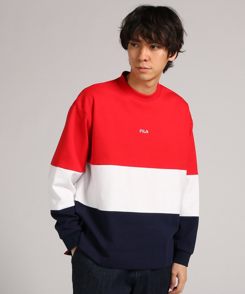 FILA 配色切り替えポンチクルーネックプルオーバー メンズ レッド＊ブラック