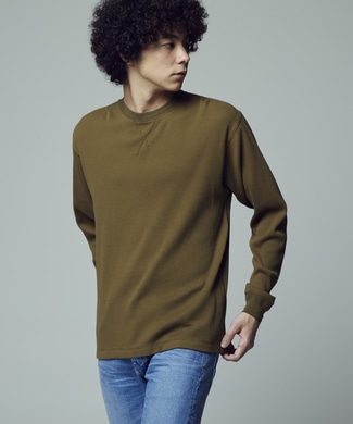 BACK NUMBER 「TOUGH AGE」 ワッフルクルーネックロンT メンズ オリーブ