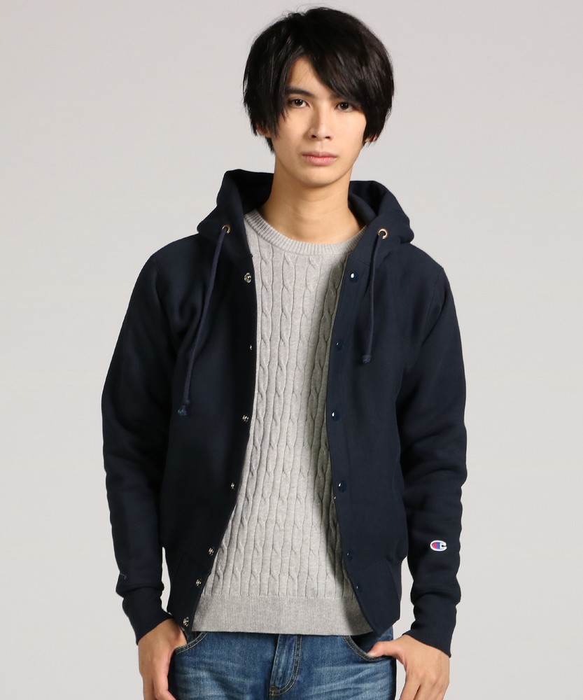 Champion 「REVERSE WEAVE」リバースウィーブスナップボタンフーデッドトップス メンズ ネイビー
