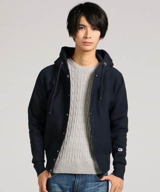 Champion 「REVERSE WEAVE」リバースウィーブスナップボタンフーデッドトップス メンズ ネイビー