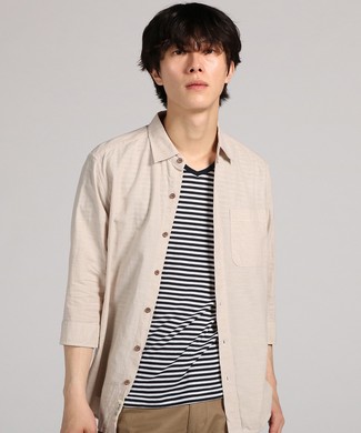 Natural Story アンサンブルフレンチリネン7分袖シャツ メンズ ホワイト