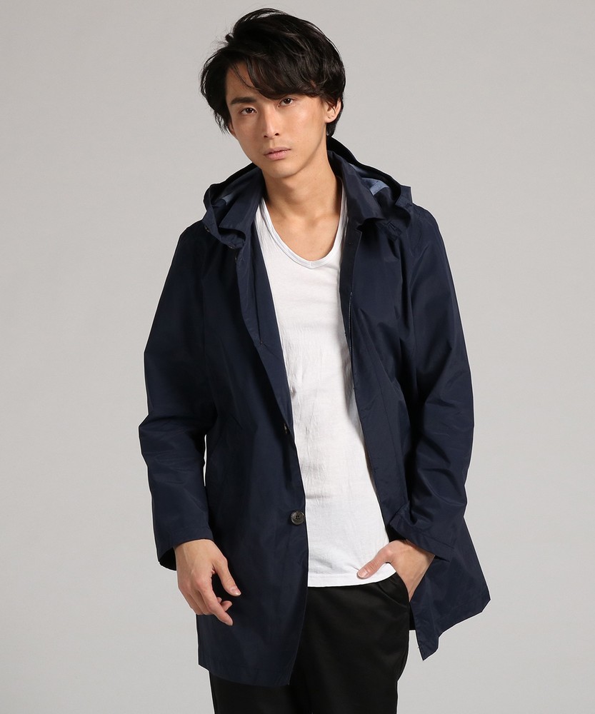 Natural Story フード付きステンカラーコート メンズ ネイビー