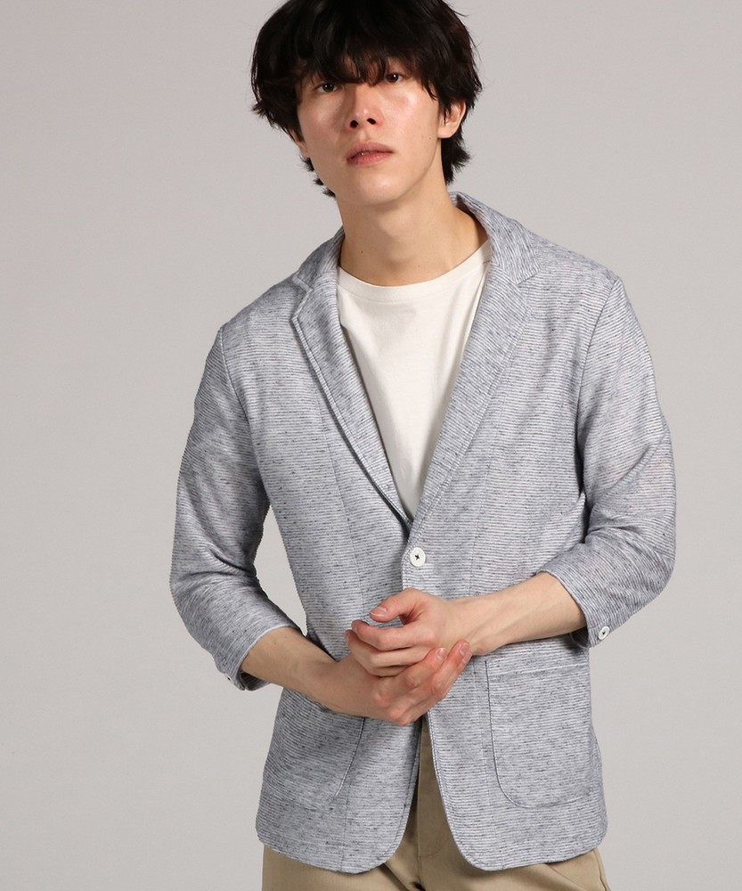 CERONIAS 麻混リップル7分袖ジャケット メンズ ブルー