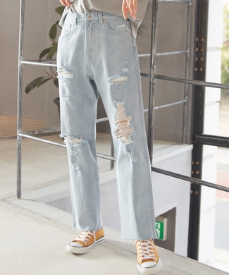 RAG MACHINE 「DAD JEANS」 クラッシュデニムパンツ レディース 淡色