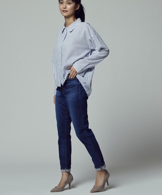 EDWIN テーパードハイストレッチデニムパンツ レディース 濃色