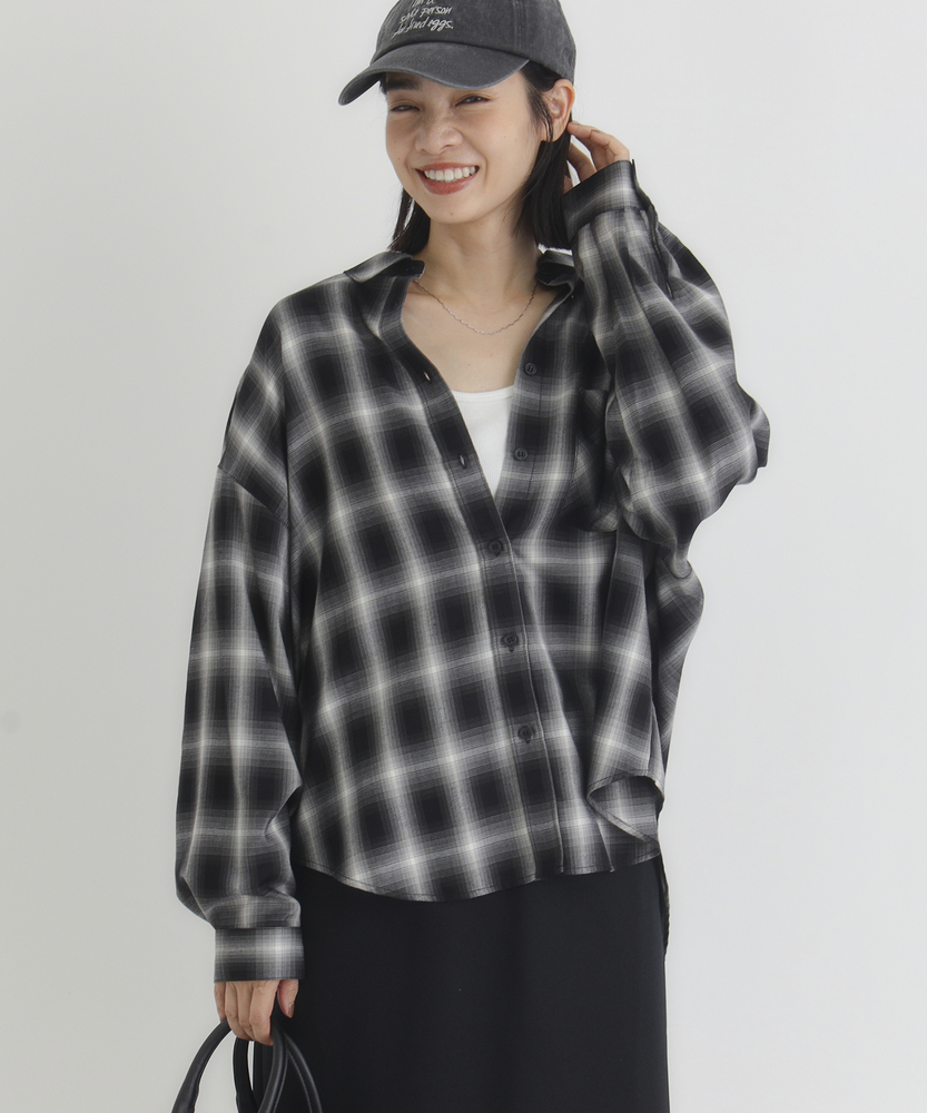 Right-on(近畿中国)の【店舗人気NO.1】オンブレチェックシャツ (ゆったりシルエット/前後差丈/ヒップまでカバー/体型カバー/親子でお揃い)