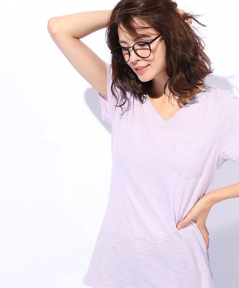 BACK NUMBER VネックポケットTシャツ レディース パープル