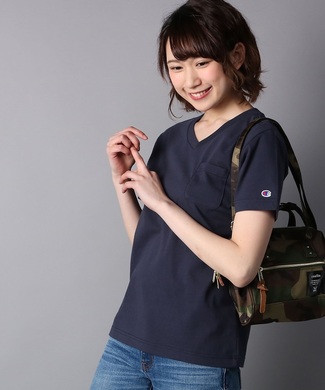 Champion 無地ポケット付きVネック半袖Tシャツ レディース ネイビー