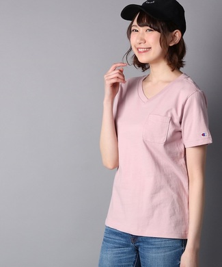 Champion 無地ポケット付きVネック半袖Tシャツ レディース ライトピンク