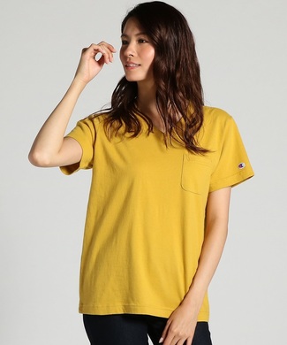 Champion 無地ポケット付きVネック半袖Tシャツ レディース ダークイエロー
