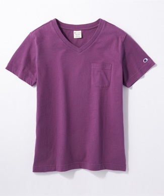 Champion 無地ポケット付きVネック半袖Tシャツ レディース パープル