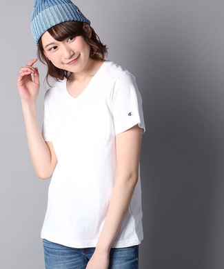 Champion 無地ポケット付きVネック半袖Tシャツ レディース ホワイト