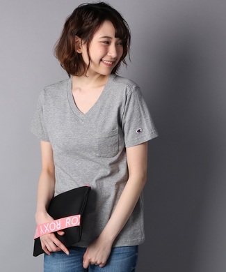 Champion 無地ポケット付きVネック半袖Tシャツ レディース グレー