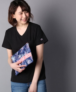 Champion 無地ポケット付きVネック半袖Tシャツ レディース ブラック