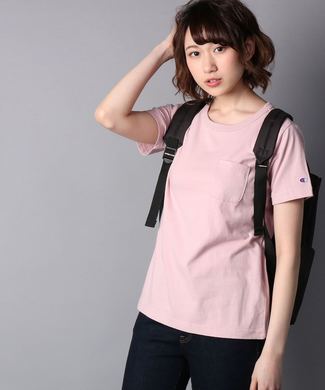 Champion ポケット付クルーネックTシャツ レディース ライトピンク