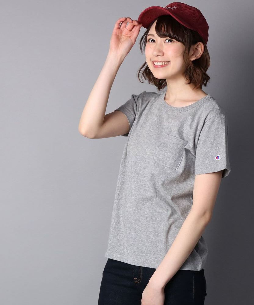 Champion ポケット付クルーネックTシャツ レディース グレー