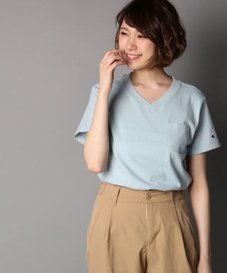 Champion 無地ポケット付き半袖VネックTシャツ レディース サックス