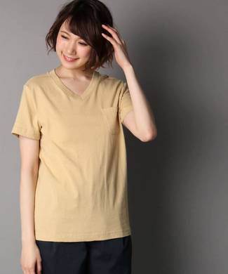 Champion 無地ポケット付き半袖VネックTシャツ レディース ライトベージュ