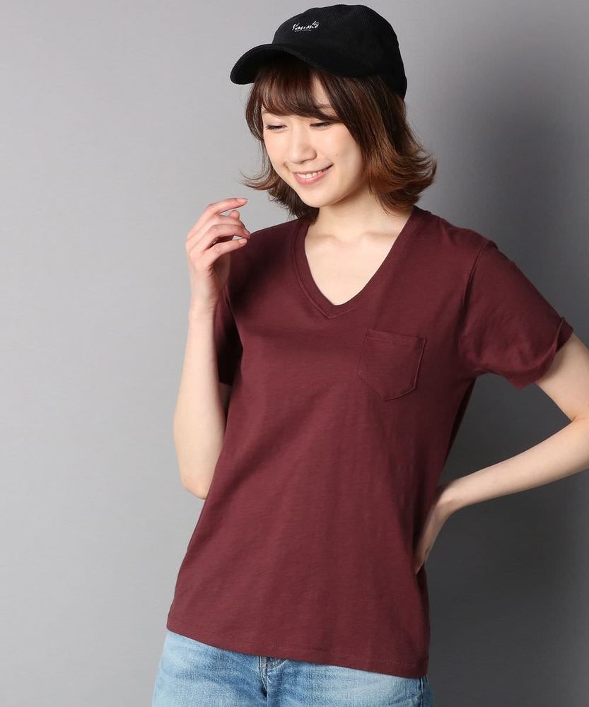 BACK NUMBER オーガニックスラブポケット付きVネックTシャツ レディース ダークブラウン