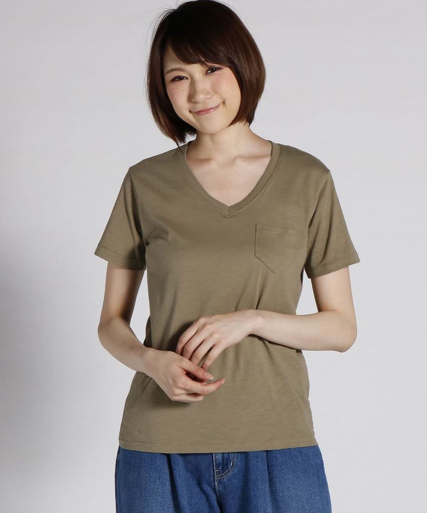 BACK NUMBER オーガニックスラブポケット付きVネックTシャツ レディース カーキ