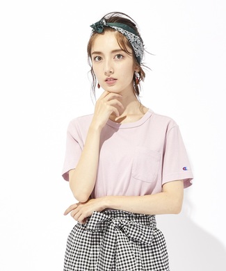 Champion ポケット付クルーネックTシャツ レディース ライトピンク