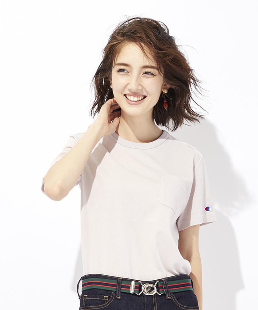 Champion ポケット付クルーネックTシャツ レディース ピンク