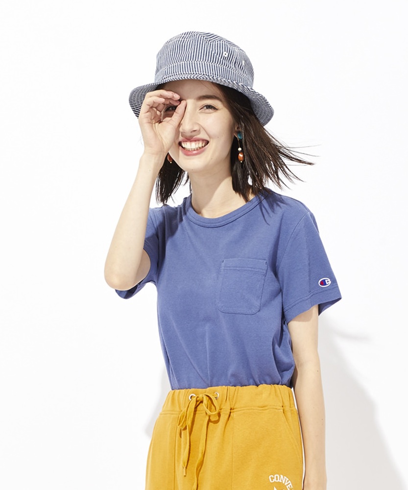 Champion ポケット付クルーネックTシャツ レディース *ブルー