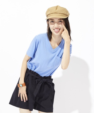 Champion ポケット付きVネック無地Tシャツ レディース ブルー