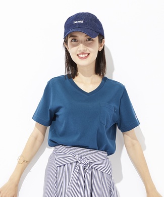 Champion ポケット付きVネック無地Tシャツ レディース ダークグリーン